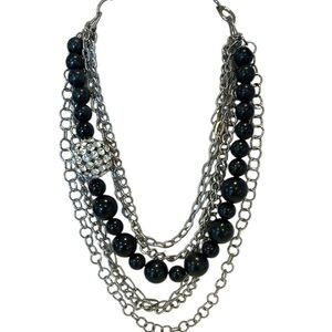 Multi Strand Layered Chain Bead Crystal Statement Necklace Silver Black